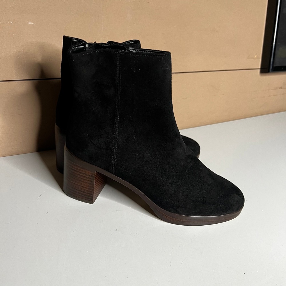 J.Crew Black Suede Textile Ankle Boots Block Heel Side Zip‎ BT278 Womens 8.5